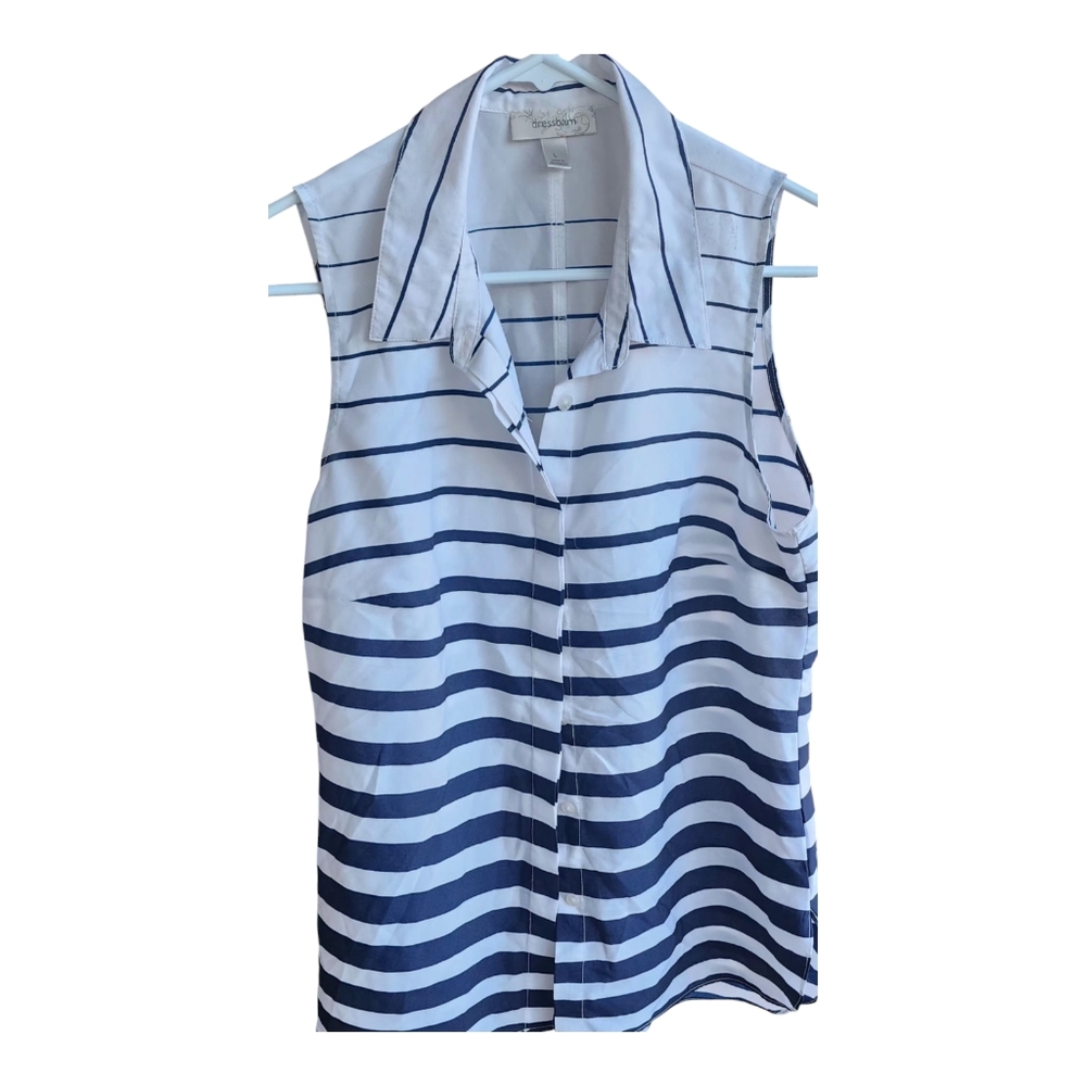 Dress Barn Blue and White Buttoned Blouse with Notched Collar